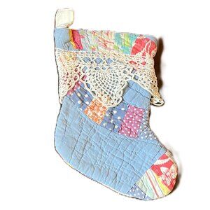 Small Vintage Handmade Quilt & Lace Christmas Stocking